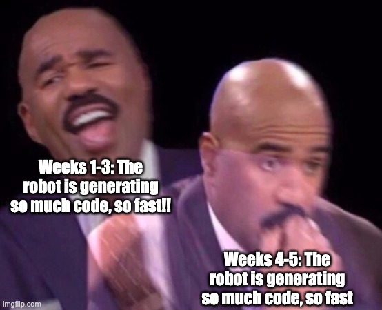 Steve Harvey realizing how much code the agent is writing. His demeanor shifts from joy to concern.